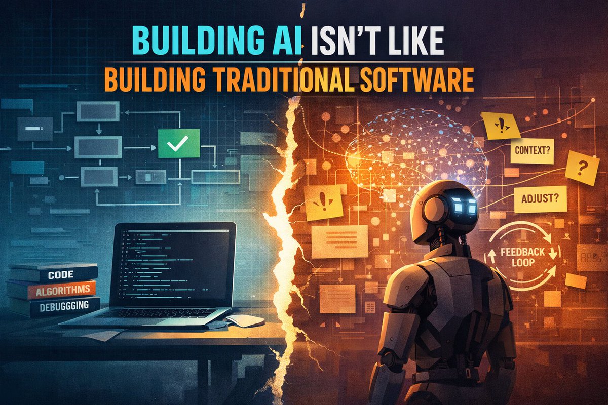 niarcas's tweet photo. Building AI isn’t like building traditional software.

It’s like managing a brilliant, book-smart 18-year-old.

They can reason, write, and solve problems, but they lack context, judgment, and consistency unless you give it to them.

In traditional systems:

- You hardcode logic
- You test edge cases
- You get deterministic outcomes

In AI systems:

- You define context
- You constrain behavior
- You continuously evaluate outputs

The shift isn’t technical. It’s operational.

If you treat AI like software you ship once, it will fail in production.

Quietly.

AI systems need a feedback loop:

1. Capture decisions (outputs, traces)
2. Evaluate them against a golden set
3. Identify failure patterns
4. Adjust context, not just code

If you’re not doing this, your system is drifting whether you see it or not.

The real skill isn’t prompting.

It’s building systems that continuously correct how the AI behaves over time.

That’s the difference between a demo and something you can trust.