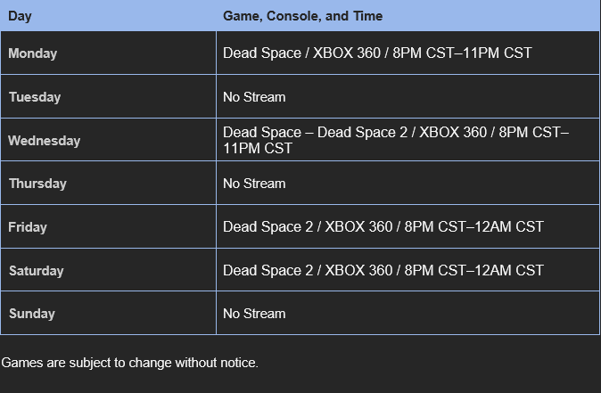 316Glock's tweet image. Well, we're back to horror in space with the now newly retro games Dead Space, 2008 and Dead Space 2 this week. I'll be on my XBOX 360S all week. #StreamingSchedule twitch.tv/glock316 youtube.com/@Glock613
