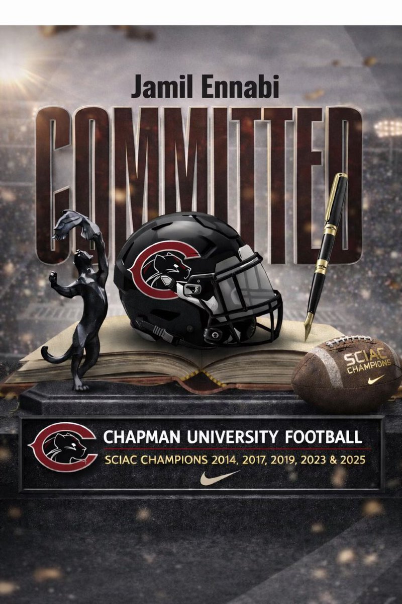 JamilEnnabi's tweet photo. Honored and Blessed to announce my commitment to Chapman University! 
@gritcufootball @chapmanfbshine @iclw5582 @JStew8 @Coach_AFlores #PANTHERS https://t.co/9YoNLv0VvA