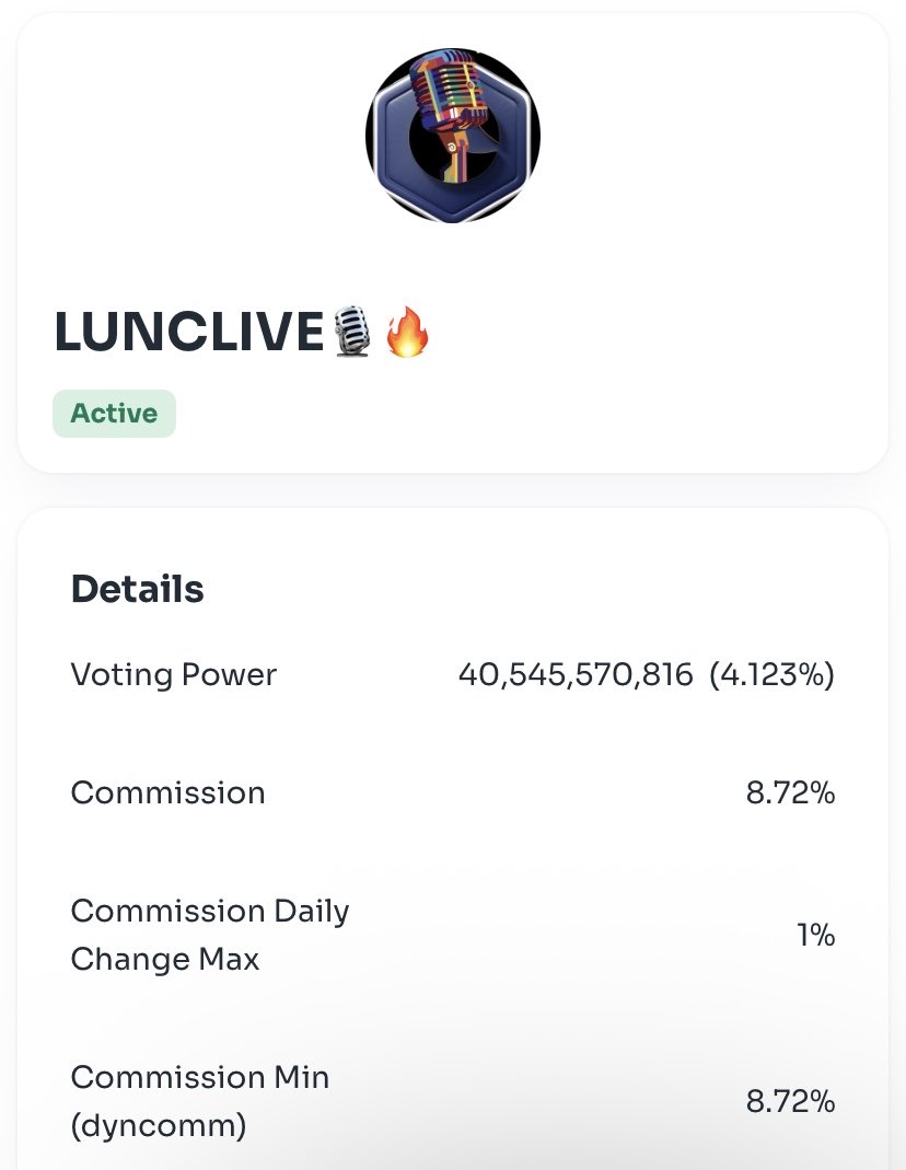 MrDiamondhandz1's tweet photo. The @Luncliveorg validator received 99 million $LUNC and now has 40.5 billion Luna Classic staked!

We appreciate everyone who stakes with LUNCLIVE and will vote for YOU the PEOPLE!

Come stake with us today! Long live LUNC! 💎🤲🏻 #LUNC https://t.co/JqQzWIgYzB