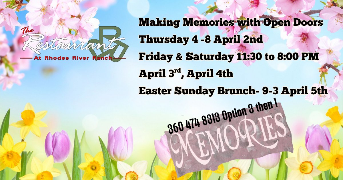 rrrrhodesranch's tweet photo. It's getting real folks.
The Restaurant at Rhodes River Ranch is preparing for our closing following our final Easter Brunch
• Thursday- April 2 | 4–8 PM
• Friday - April 3 | 11:30 AM – 8 PM 
• Saturdays April 4 | 11:30 AM – 8 PM
• Easter Brunch: April 5 | 9 AM – 3 PM https://t.co/Rfu0BMGDUQ