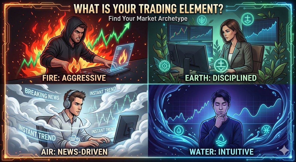 What’s Your Trading Element?

Ever wonder why you hold through a pullback while your friend panic-sells? 📉

Or why you’re chasing 100x leverage while they’re happy with 2% dividends?

It’s not just the charts ,it’s your trading DNA
your stars. 💫

As a Gemini sign myself,  I am