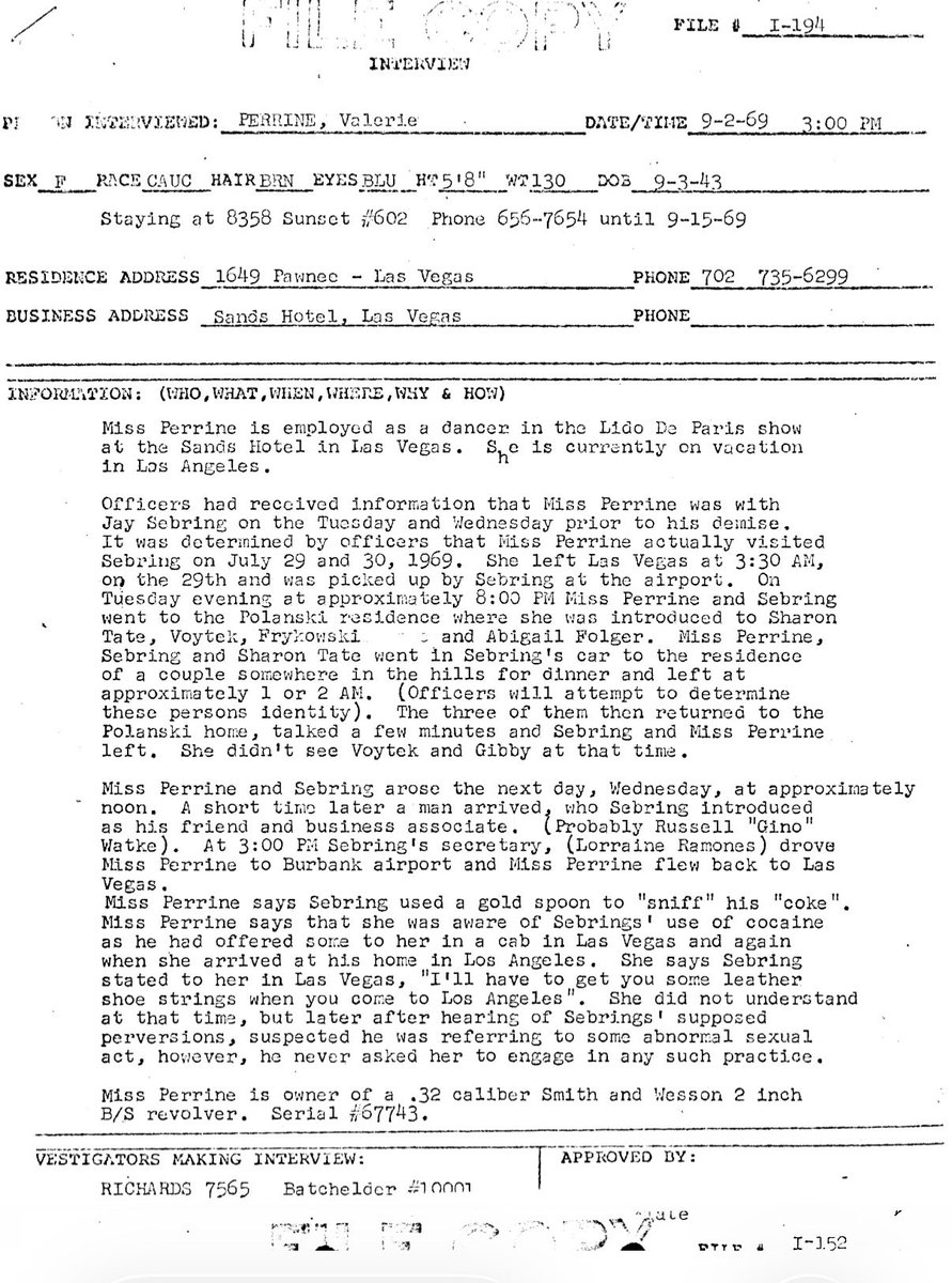 chaosmansonbook's tweet image. Commemorating actress (then “Vegas showgirl),” Valerie Perrine, who died last week. From the archive, never-before published LAPD investigative interviews with Jay Sebring’s close friend, Gino Wattke, and Perrine, who was seeing Sebring in the weeks before his death. RIP.