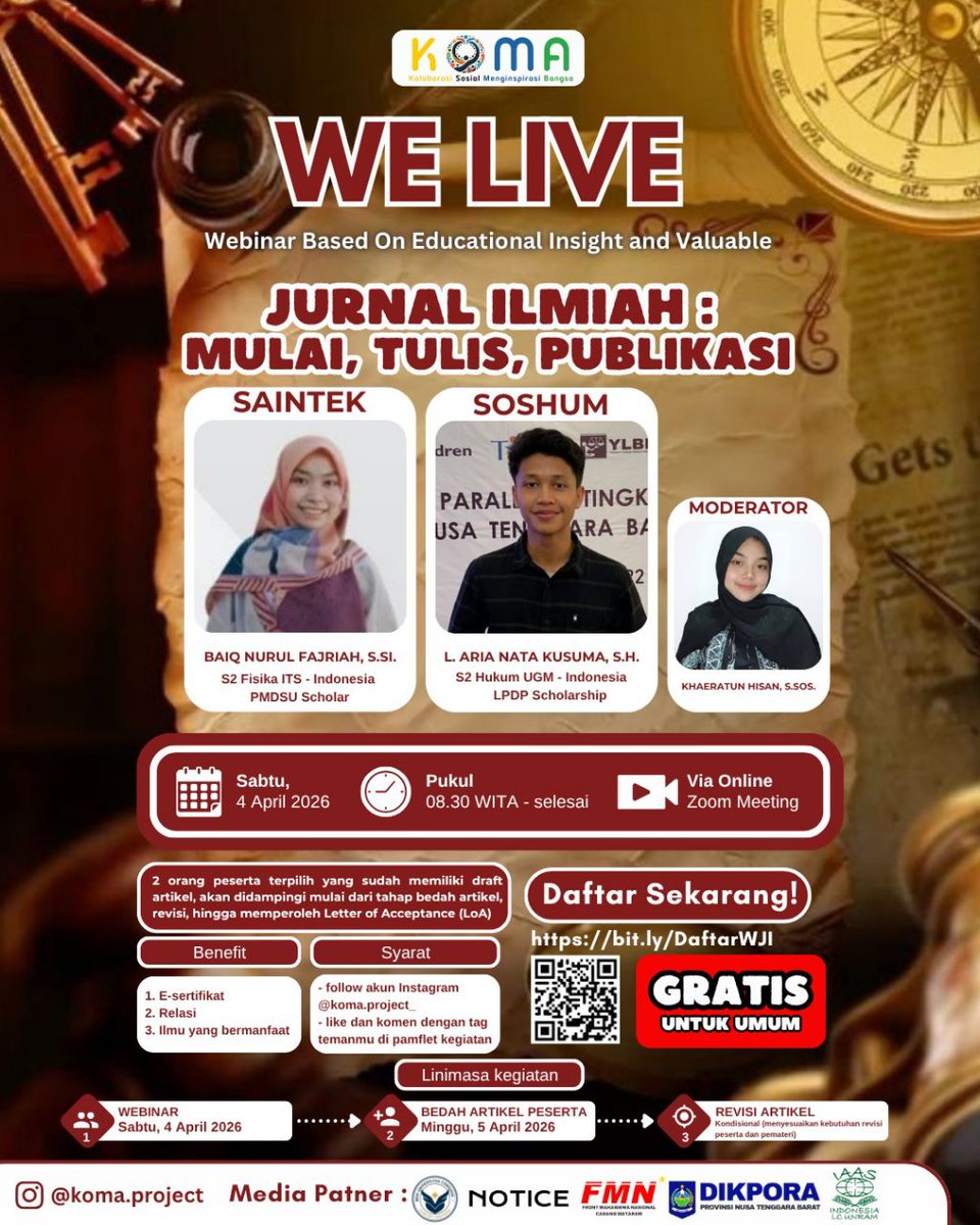 hideakichahi's tweet photo. Plzzz ikut webinar terkait pembuatan jurnal, GRATISS+BERSERTIFIKAT. 2 org yg sudah ada artikel nanti dibantu revisi sampai dapat LoA secara gratiss🤩🤩 (ak panitianya hikss) 

Daftar sekarang : https://t.co/Mcr42x0VAy‼️ https://t.co/OqT8YGYSgK