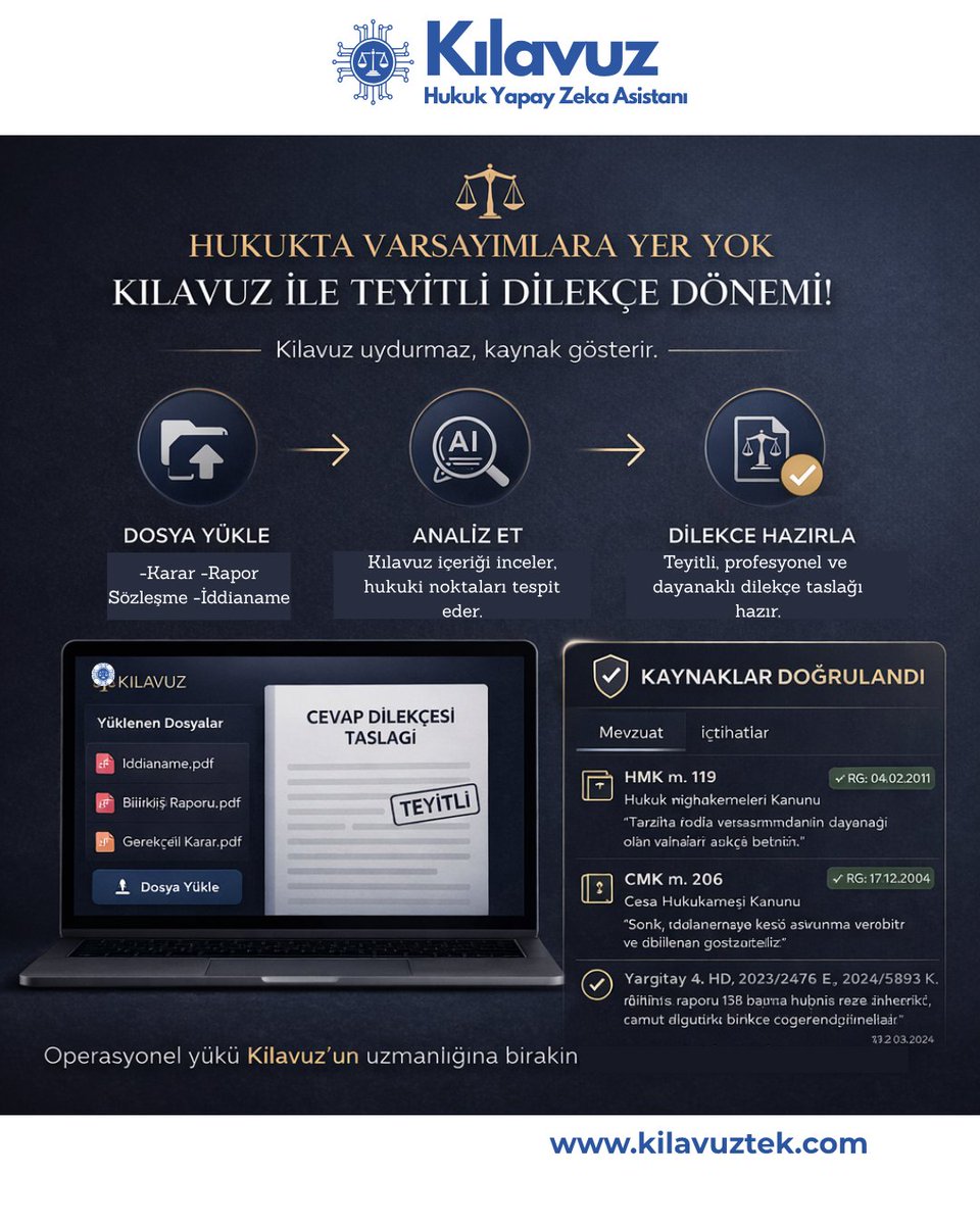Hukukta Varsayımlara Yer Yok: Kılavuz ile Teyitli Dilekçe Dönemi! ⚖️

Kılavuz uydurmaz, kaynak gösterir.

-Şeffaf Kaynak ve Yan Panel: Her dilekçenin altına ilgili mevzuat ve içtihadı ekler. Sekmeler arasında kaybolmadan, metni sistem içinden anında teyit edin.

-Dosya Yükle,