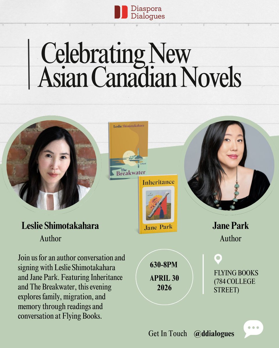 ddialogues's tweet photo. DD, House of Anansi, Cormorant, &amp; Flying Books (784 College St. Toronto ON) are thrilled to to host DD alumni and authors Jane Park (Inheritance) and Leslie Shimotakahara (The Breakwater) for a conversation &amp; book signing.

FREE to attend, RSVP required: https://t.co/I7t3L5UFqL https://t.co/Wc8ZJz3MYl