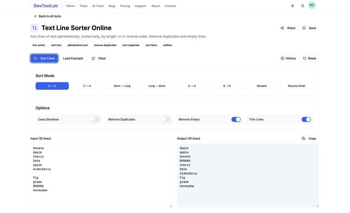 devtoollab's tweet photo. 🚀 New on DevToolLab

Sort text lines instantly 🔤
Alphabetical, numeric, reverse &amp; duplicate cleanup.

Try it 👇
https://t.co/l7u3WbD3bR

#DevTools #Productivity #TextTools #WebDev https://t.co/5AFKGh4fAO