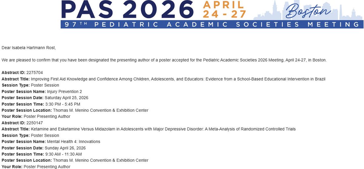 IsabelaRost's tweet photo. Speaking of PAS, I'm beyond excited to be presenting two abstracts at the conference!

Sharing work on first aid in public schools in Brazil, as well as new interventions for adolescent depression, topics I care deeply about.

Can’t wait to be there✨ https://t.co/c3LkeAeLDp