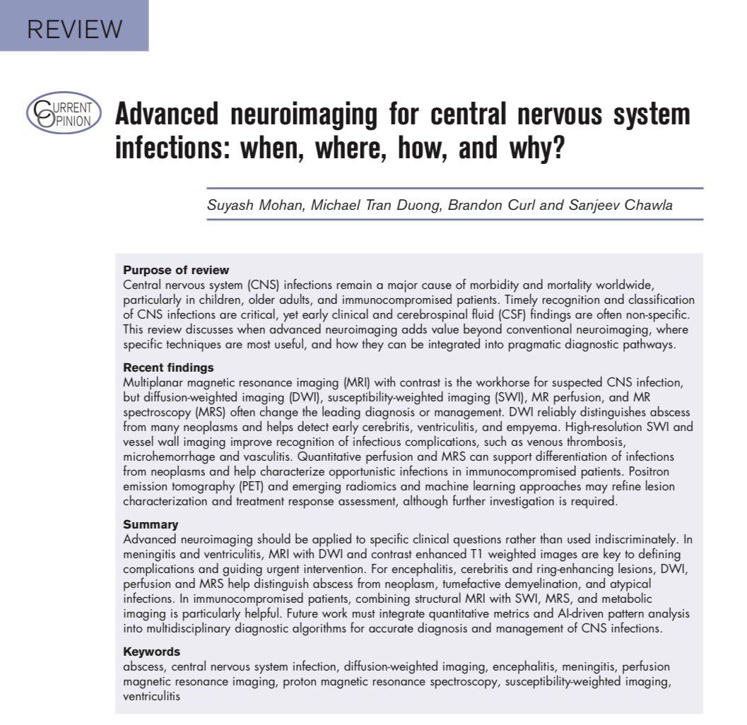 AliSMV7's tweet photo. Advanced neuroimaging for central nervous system infections: when, where, how, and why?

https://t.co/Wf94zNLmtJ https://t.co/8L0pkKu91N