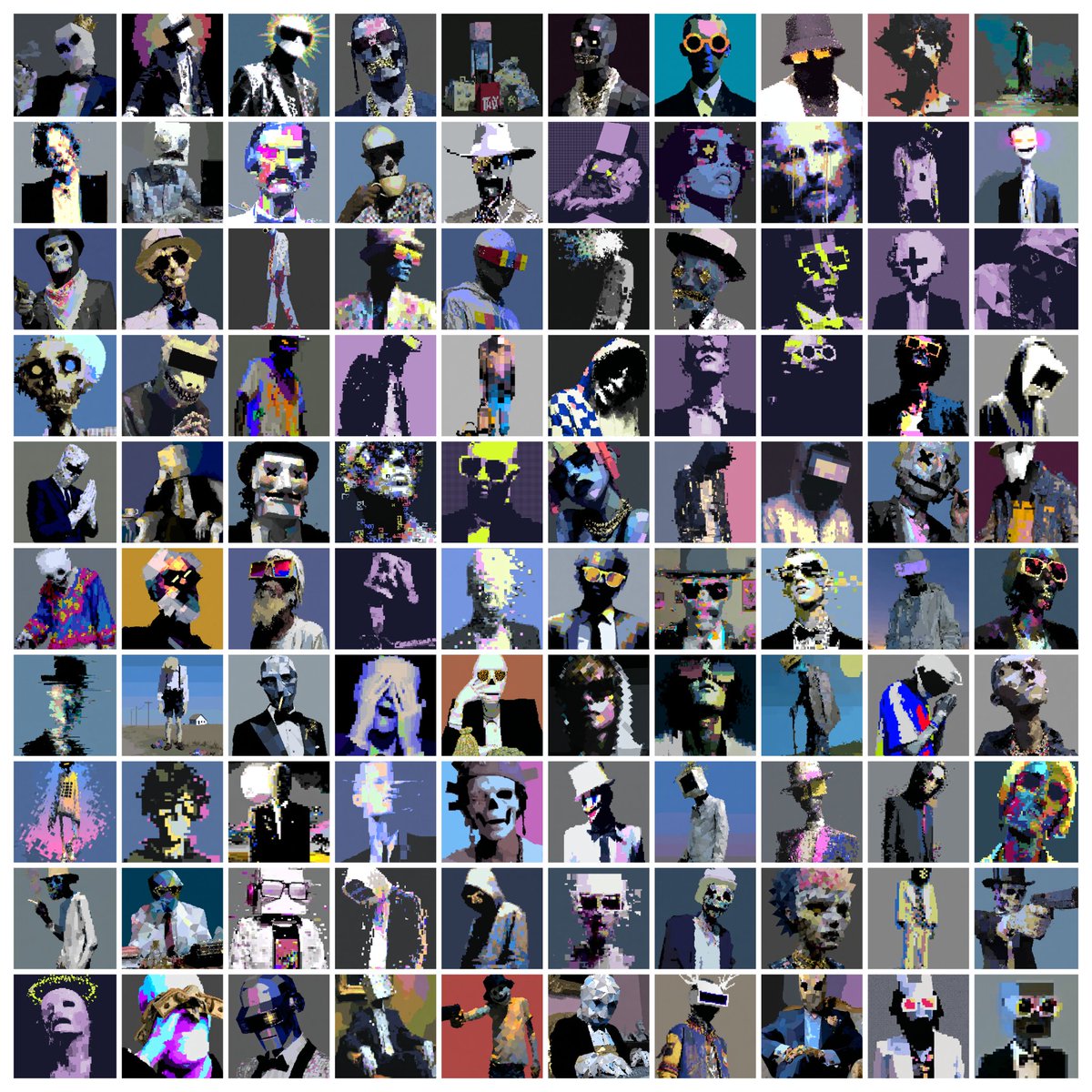 0x_DogeFather's tweet photo. a @m0dest___  expansion to my grid.  having the time of my life collecting this collection.  feels like a privilege.  🖤#citizens x #evaders🖤 10x10 grid...30 missing https://t.co/jHUPINt7SI
