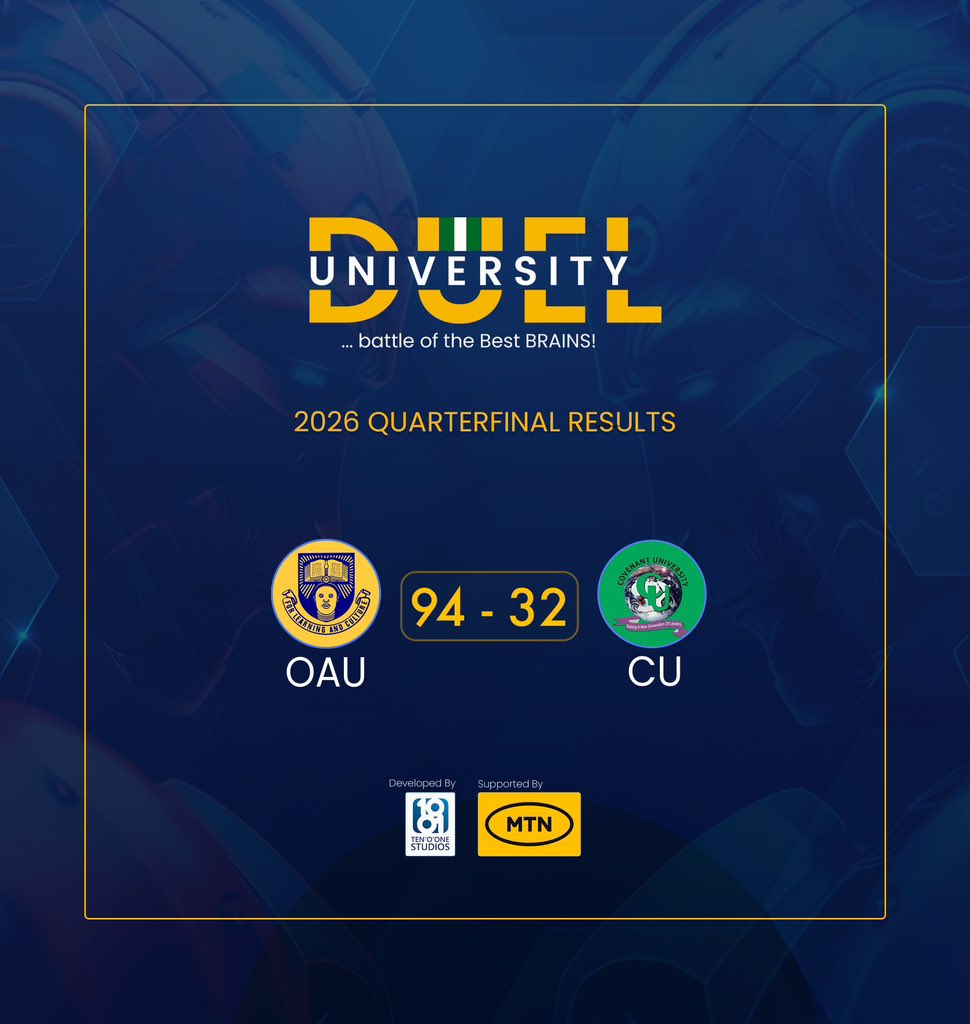 Universityduel's tweet photo. OAU 94 — CU 32

With an impressive margin point, OAU secures their place in the Semi-finals.

Did you predict this?

Let us know in the comments.

Catch the game on YouTube @thestemafrica if you missed it.

#Universityduel2026 #OAU https://t.co/KTQ0qrBUsg