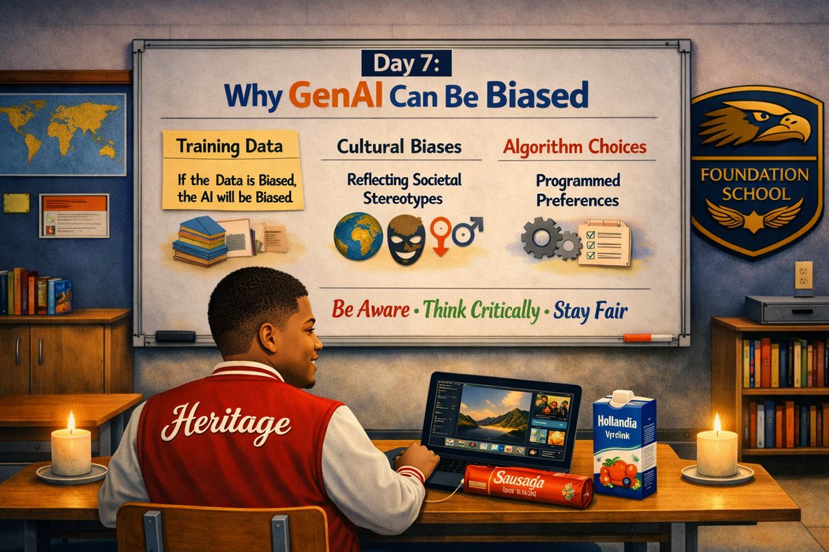 heritage_tech1's tweet image. Day 7: Why GenAI Can Be Biased ⚠️  

AI learns from human data and humans aren’t neutral.
📂 Biased data
🌍 Cultural stereotypes
⚙️ Algorithmic choices
Be aware. Think critically. Stay fair.

#AI #GenerativeAI #Heritage #FoundationSchool #Day7