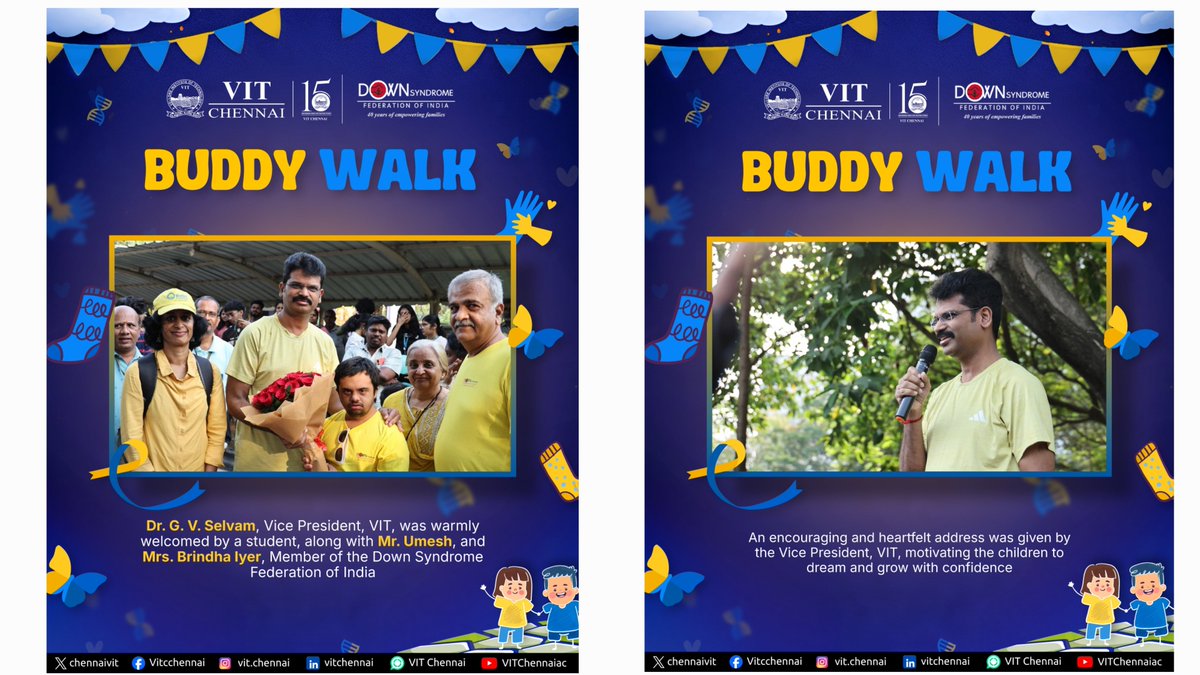 ChennaiVit's tweet image. Walking together for a cause that truly matters!

Buddy Walk 2026 at VIT Chennai brought smiles, energy, and heartfelt moments as children, parents, and volunteers came together to celebrate inclusion and joy. 

#BuddyWalk #VITChennai #InclusionMatters #DownSyndrome #SpreadJoy
