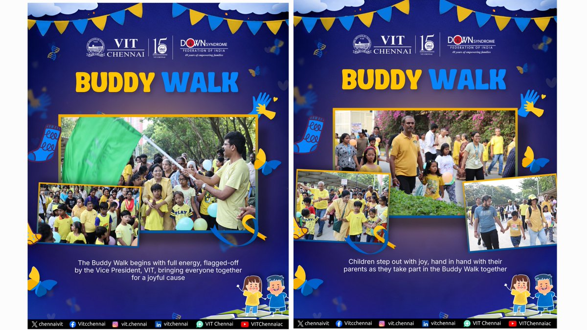 ChennaiVit's tweet image. Walking together for a cause that truly matters!

Buddy Walk 2026 at VIT Chennai brought smiles, energy, and heartfelt moments as children, parents, and volunteers came together to celebrate inclusion and joy. 

#BuddyWalk #VITChennai #InclusionMatters #DownSyndrome #SpreadJoy