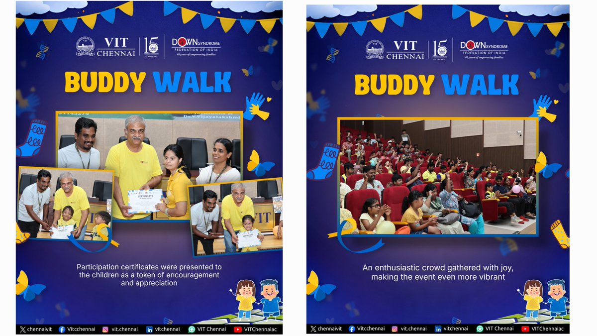 ChennaiVit's tweet image. Walking together for a cause that truly matters!

Buddy Walk 2026 at VIT Chennai brought smiles, energy, and heartfelt moments as children, parents, and volunteers came together to celebrate inclusion and joy. 

#BuddyWalk #VITChennai #InclusionMatters #DownSyndrome #SpreadJoy