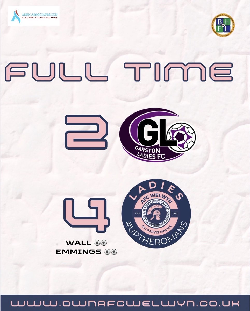 AFCWelwynLadies's tweet photo. AFC Welwyn 4 - 1 Garston Ladies

Wall ⚽️⚽️
Emmings ⚽️⚽️

Away win for the Romans. Huge shoutout to @HollyBrassett and @leahcrocket 🧤🧤

1 more to go…

#UpTheRomans #AFCWelwynLadies #Matchday #FullTime https://t.co/MFA9kxwKe0
