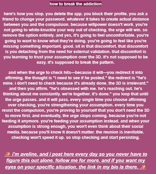 ByAveline_'s tweet photo. 🚫👀 the more you check, the more you stay stuck in the old story. 

willpower doesn't work. you need to remove the option to check entirely. ❌

yes, it's uncomfortable. that discomfort is you learning to trust your assumption over the 3D. 

here's how to sit in it. ⬇️ https://t.co/NEvKi9OOIJ