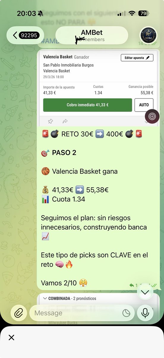 AMBet_Oficial's tweet image. 🟢 VERDE Y SEGUIMOS 💣  

Valencia cumple sin sufrir 🏀🔥  
Partido muy bien leído desde el inicio 🧠  

📊 Reto 30€ ➡️ 400€  

Paso 1 ✅  
Paso 2 ✅  

Ya estamos en 55,38€ 💰  

🚀 Vamos directos a por el PASO 3  
Confianza máxima  

Todo explicado en Telegram 📲  
#AMBets