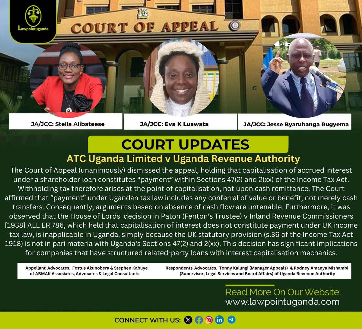 “Capitalisation of Accrued Interest Under a Shareholder Loan Constitutes “Payment” Within Sections 47(2) and 2(xx) of the Income Tax Act; Withholding Tax Arises at the Point of Capitalisation, Not Upon Cash Remittance.” Court of Appeal Rules

ATC borrowed $124.5M from its Dutch