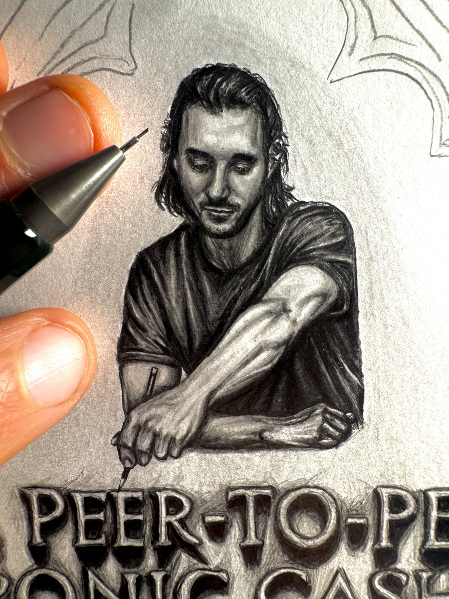 bitcoin__apex's tweet photo. In my latest Bitcoin pencil drawing, I drew myself drawing the drawing.

The portrait is smaller than my thumb and required extreme precision. It was drawn with a mechanical pencil with a lead diameter of only 0.3 mm.

This is just a tiny excerpt of the entire artwork. Stay tuned!