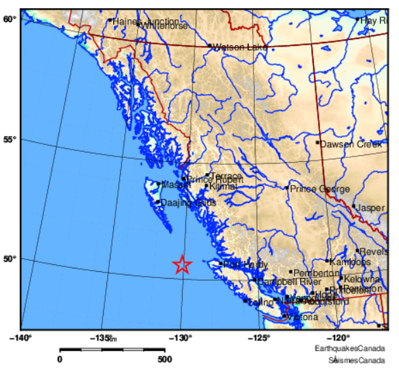 EmergencyInfoBC's tweet photo. A magnitude 4.8 earthquake has occurred 184 km west of #PortHardy BC. There is NO tsunami threat to #BC. More info: https://t.co/IJsdBLsLYY #BCEarthquake https://t.co/75nWoEw18X
