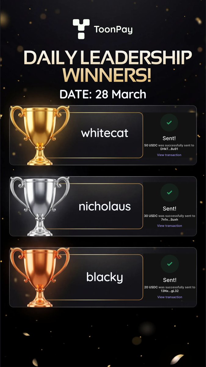Our heartfelt congratulations to the winners!🎉🔥🥰

#ToonPay #Leaderboard