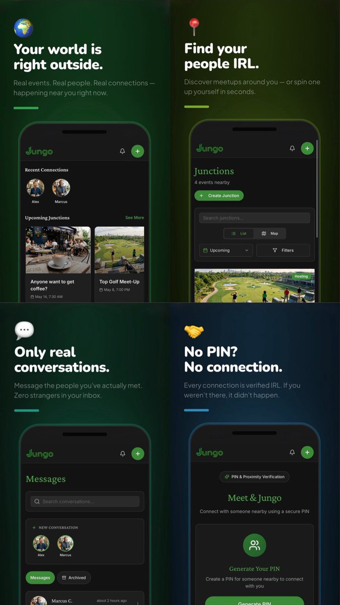 Mosskee_'s tweet photo. @garyvee Hey @garyvee, social media is NOT dead. I made a social first platform called Jungo. What’s different? Users must connect IRL before they can follow/connect with one another.

Check it out, I’d love to hear what you think of the idea: https://t.co/9dtpUFAhgR https://t.co/iDsZ0a5L21