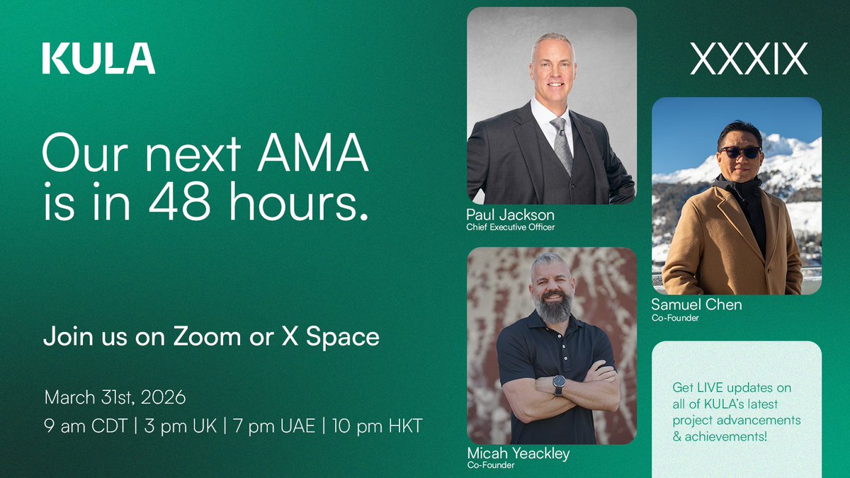 kula_dao's tweet photo. Happening soon: Kula’s 39th AMA.

📅 March 31st
⏰ 9AM CDT | 3PM UK | 7PM UAE | 10PM HKT

We’ll recap key developments from the past quarter and share what’s coming up next for Kula.

Join us on Zoom or X Spaces.

The space link will be shared shortly before the AMA, so keep your notifications on.

If you have any questions, please share them below. 

You can also join the space and ask them directly to the team in the replies or on the mic during the AMA.

We look forward to seeing you there.
