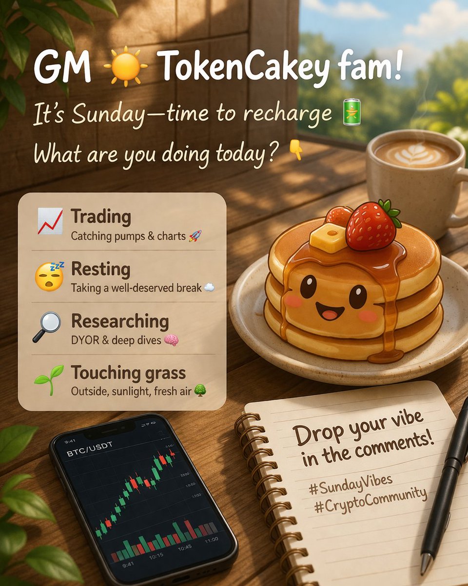 TokenCakey's tweet photo. GM TokenCakey fam ☀️

It’s Sunday!
Time to recharge 🔋What are you doing today? 👇
• Trading 📈
• Resting 😴
• Researching 🔍
• Touching grass 🌱

Drop your vibe in the comments!

#SundayVibes #CryptoCommunity https://t.co/DpYk7kUjIM