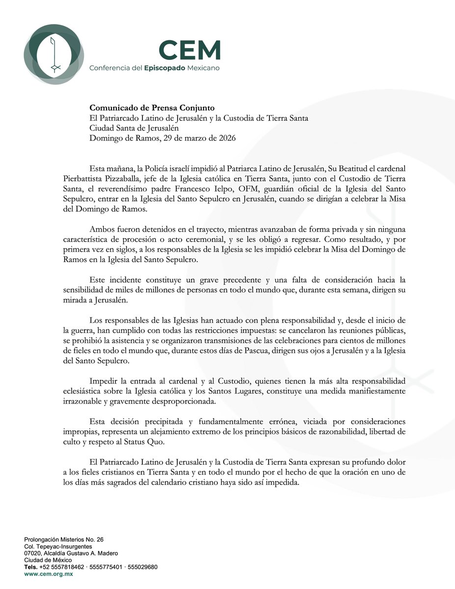 LA IGLESIA EN MÉXICO EXPRESA SU DOLOR POR LA PROHIBICIÓN DE CELEBRAR LA MISA DE DOMINGO DE RAMOS EN EL SANTO SEPULCRO Y HACE UN LLAMADO A LA PAZ

En el inicio de la Semana Santa, este dolor que brota desde Tierra Santa resuena también en el corazón de la Iglesia en México. Lo que