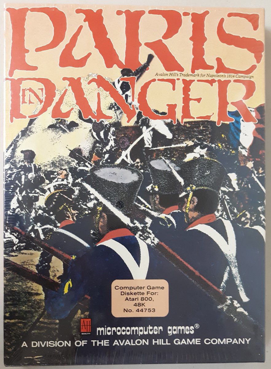 "Paris in Danger" 1983 Avalon Hill/Microcomputer Games for Atari 800. Simulation of Napoleon's 1814 campaign in France against the invading Allied armies. You can choose to play Napoleon or Commander Schwarzenberg or play both sides. For 2 players, playing time 2 to 4 hours.
