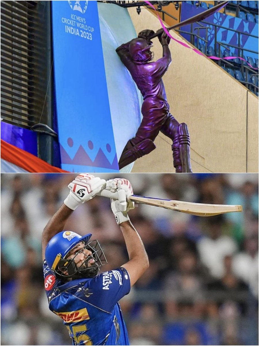 LoyalSachinFan's tweet photo. Rohit Sharma recreated Sachin Tendulkar’s iconic statue pose 😂💙 https://t.co/fYo2oYzWps