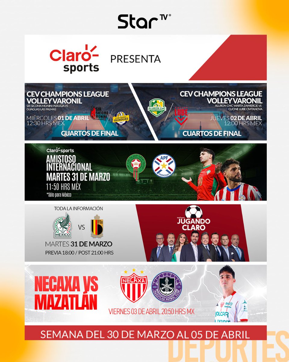 StarTVMx's tweet photo. 😏📲 Mucho deporte esta semana… y tú no te puedes quedar fuera
👉 En casa con #StarTV o donde estés, lo llevas contigo con StarTV Stream.
📺 @ClaroSports te espera
#TomaElControl #Futbol https://t.co/ubeeWqXPDR