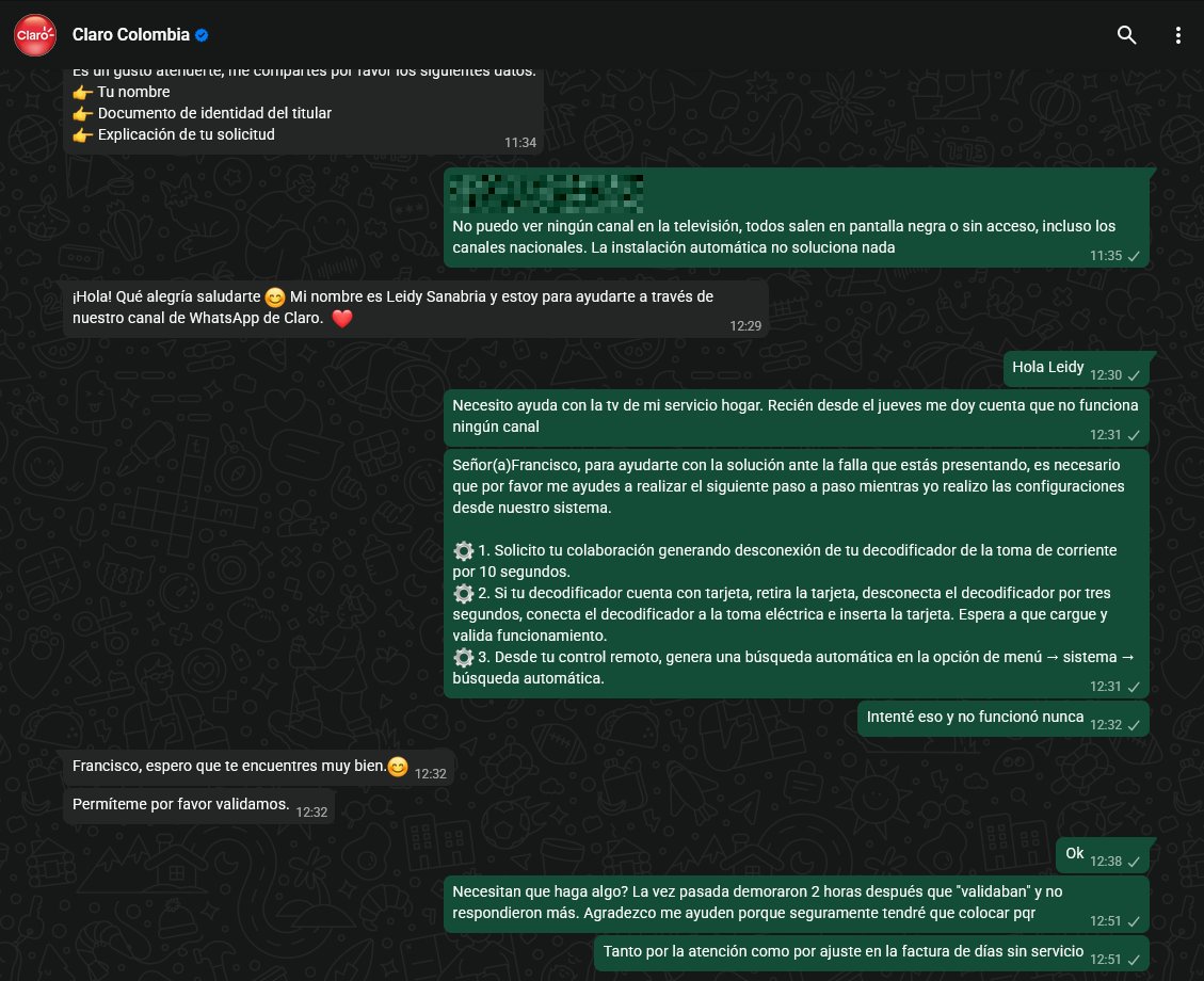 WeonH's tweet photo. @ClaroTeAyuda ¿Número para atención de soporte o la URL para una PQR? Van 4 asesores desde el jueves tanto por Whatsapp como por aquí que no responden y no me gestionan ni generan visita. No digan que escriba DM porque con suerte me responden al día siguiente. https://t.co/EBmgUHki7T