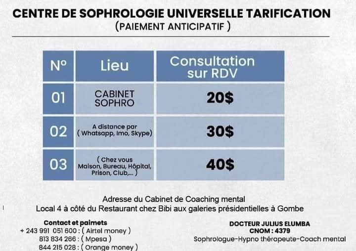 Flash info : je suis à Kinshasa à votre disposition pour tout accompagnement aux solutions mentales et spirituelles.

Coach mental Docteur Julius Elumba