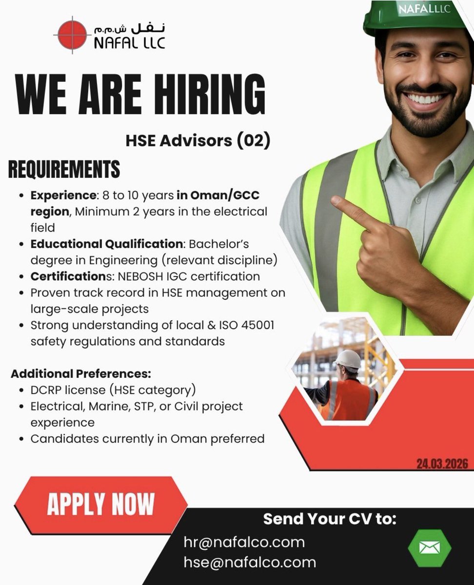 omanxa's tweet image. وظائف عمان | إعلان وظائف شاغرة | HSE Advisor | شركة نفل 

#عمان #وظائف #omanjobs #jobs