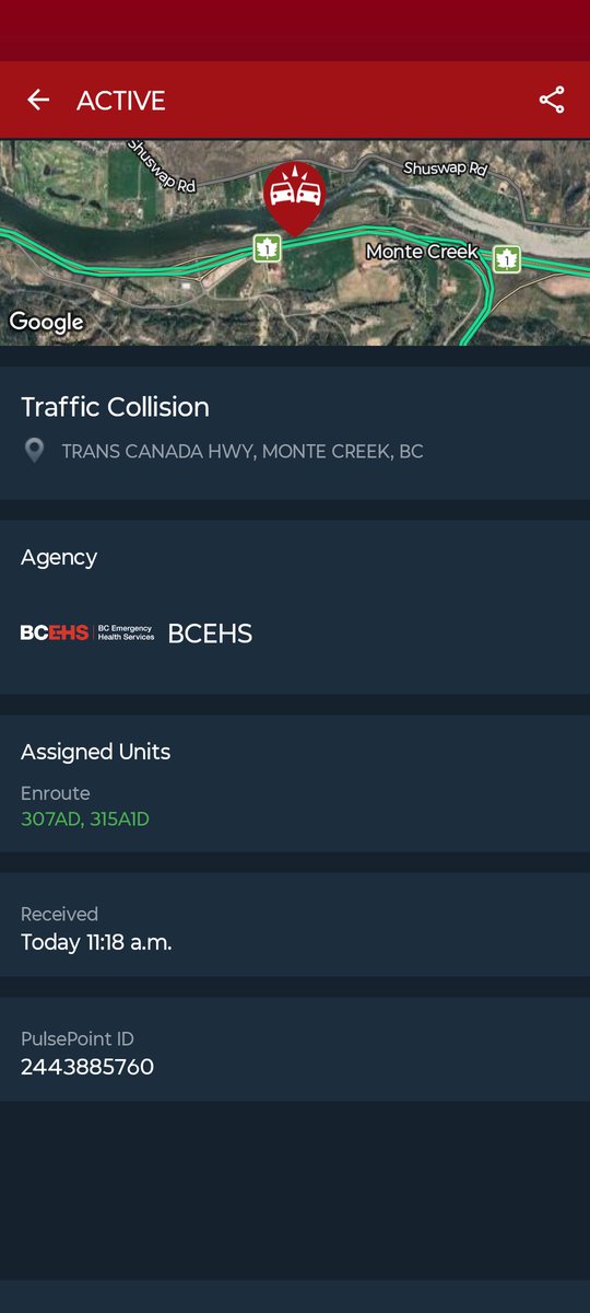 BCScan1's tweet image. 🚨 🚨 TCHWY1 for the "plane trying to land w/sick child" in HWY very unclear details at moment @ 1123 Hrs
#MonteCreekBC #ScannerLocalArea
#fyi #BCEHS