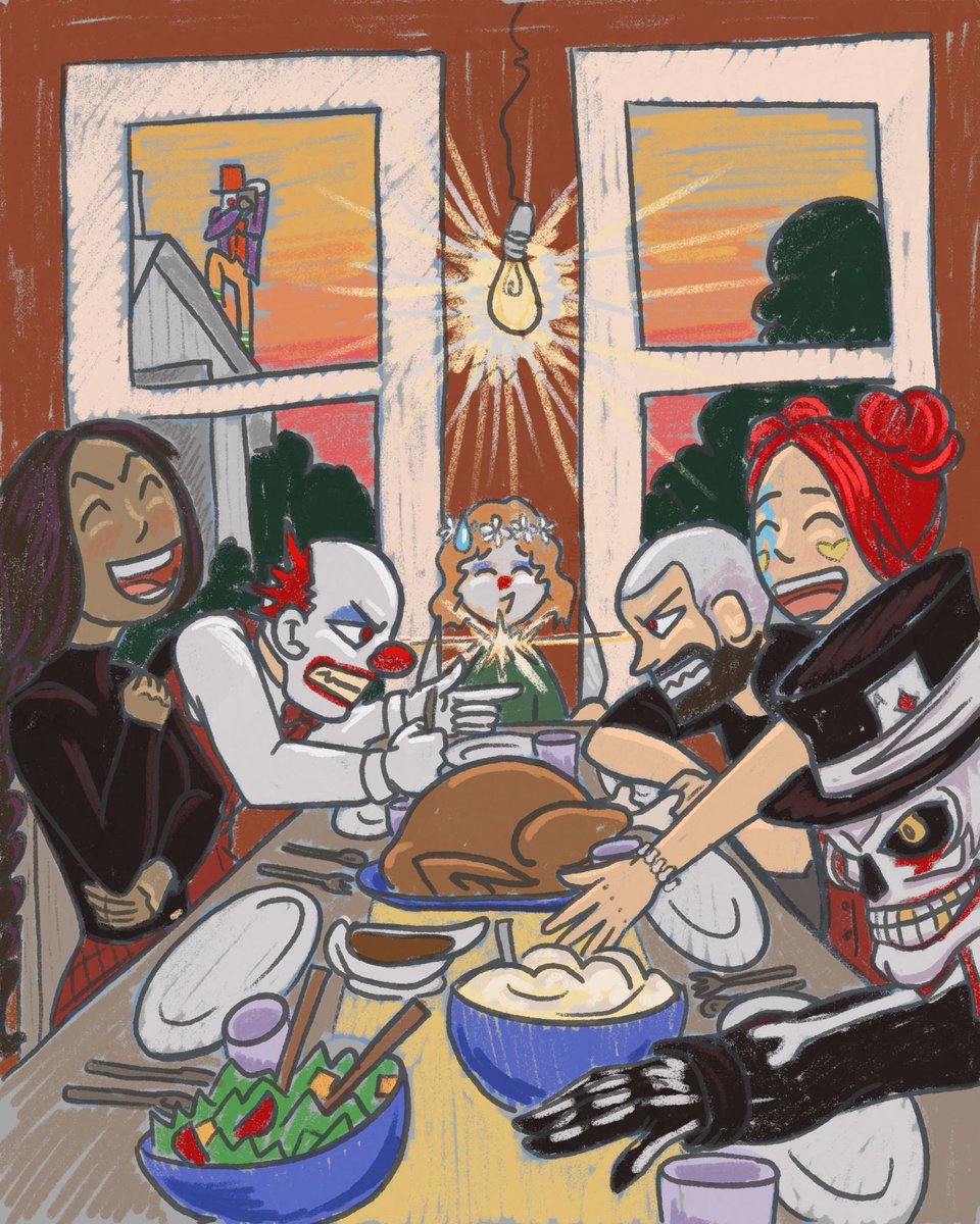 Day 5 of using Wendy’s prompts for doodle inspiration! “drawing of Bobby, Chatty, Cups, Sneaky, Tessa and Wendy eating dinner at the Funhouse”