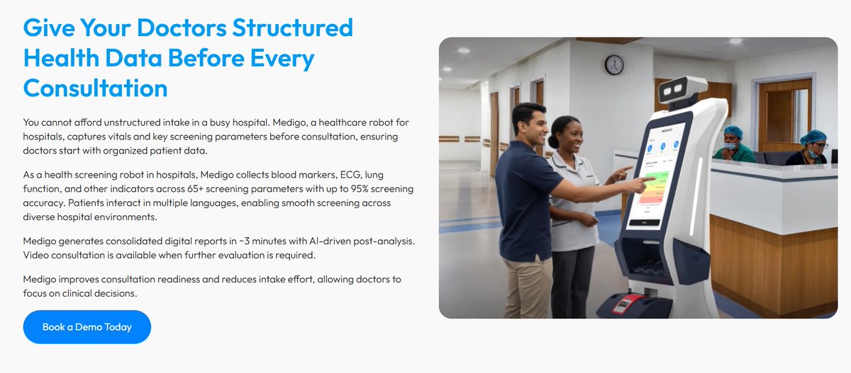 Healthcare Robot for Hospitals | Rapid Preventive Health Screening

kodyrobots.com/healthcare-rob…

Medigo is a healthcare robot for hospitals in India, built for rapid preventive AI health screening, faster OPD pre-check, and smoother patient flow.