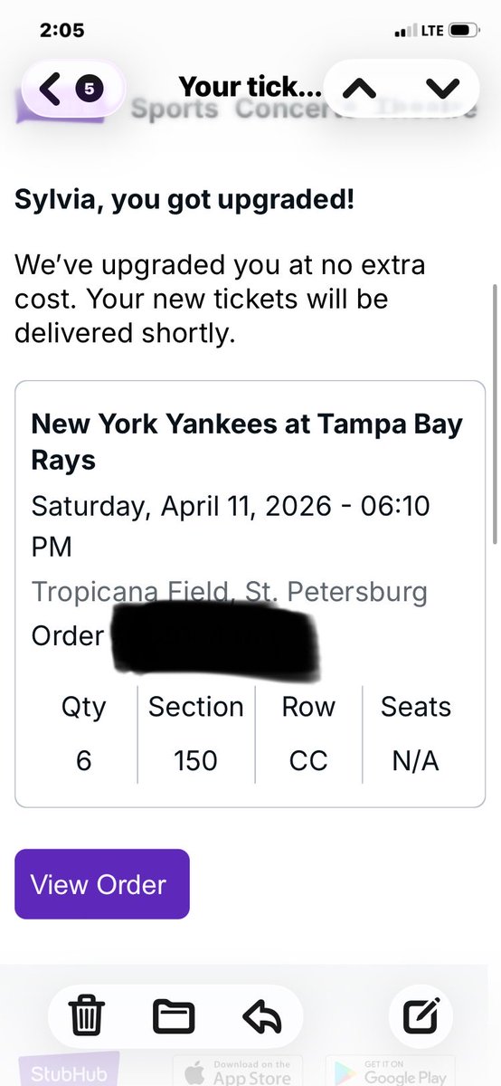 Lutz813's tweet photo. @StubHub responds with this! “We’ve upgraded you at no extra cost. Your NEW tickets will be delivered shortly.” 
We don’t want new tickets, we don’t want to be “upgraded” from behind the dugout to the outfield and we don’t want to be spread out into three different sections! https://t.co/89oaK6vosK