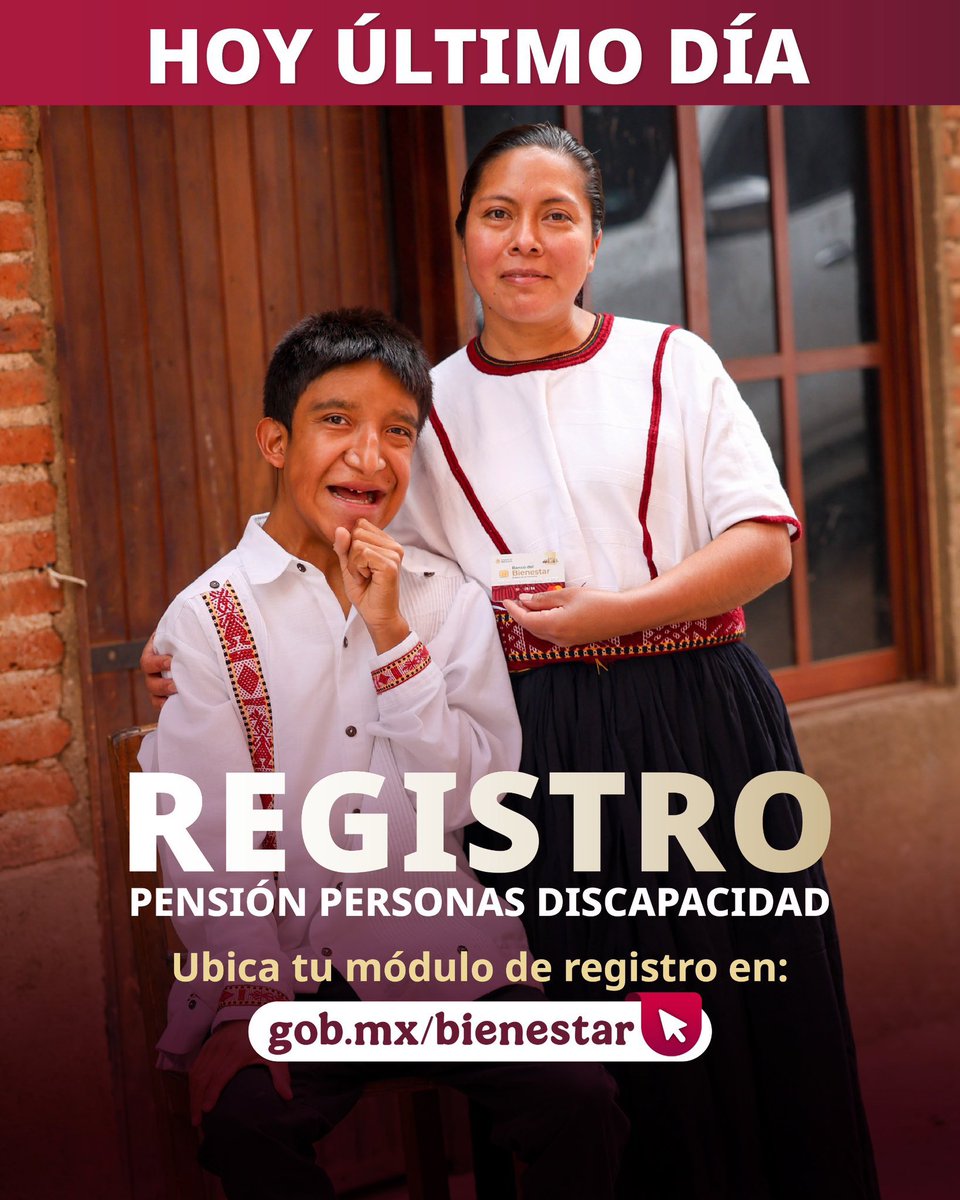 ❤️ Aviso importante ❤️
Si aún no te has registrado a la #PensiónDiscapacidad, todavía estás a tiempo. Hoy es el último día, acude al #MóduloBienestar que te corresponde.

Ubícalo en: gob.mx/bienestar

<a href="/Claudiashein/">Claudia Sheinbaum Pardo</a>
#HumanismoMexicano
#PrimeroLosPobres