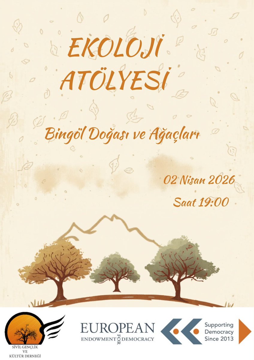 tilyadir's tweet photo. Sivil Değişim Projesi kapsamında, yürütücülüğünü üstlendiğim Ekoloji Atölyesi’nde Bingöl’ün doğasını ve ağaçların kadim hafızasını konuşacağız.

2 Nisan baharında görüşmek üzere. 🍃 https://t.co/lG2cF6yxve