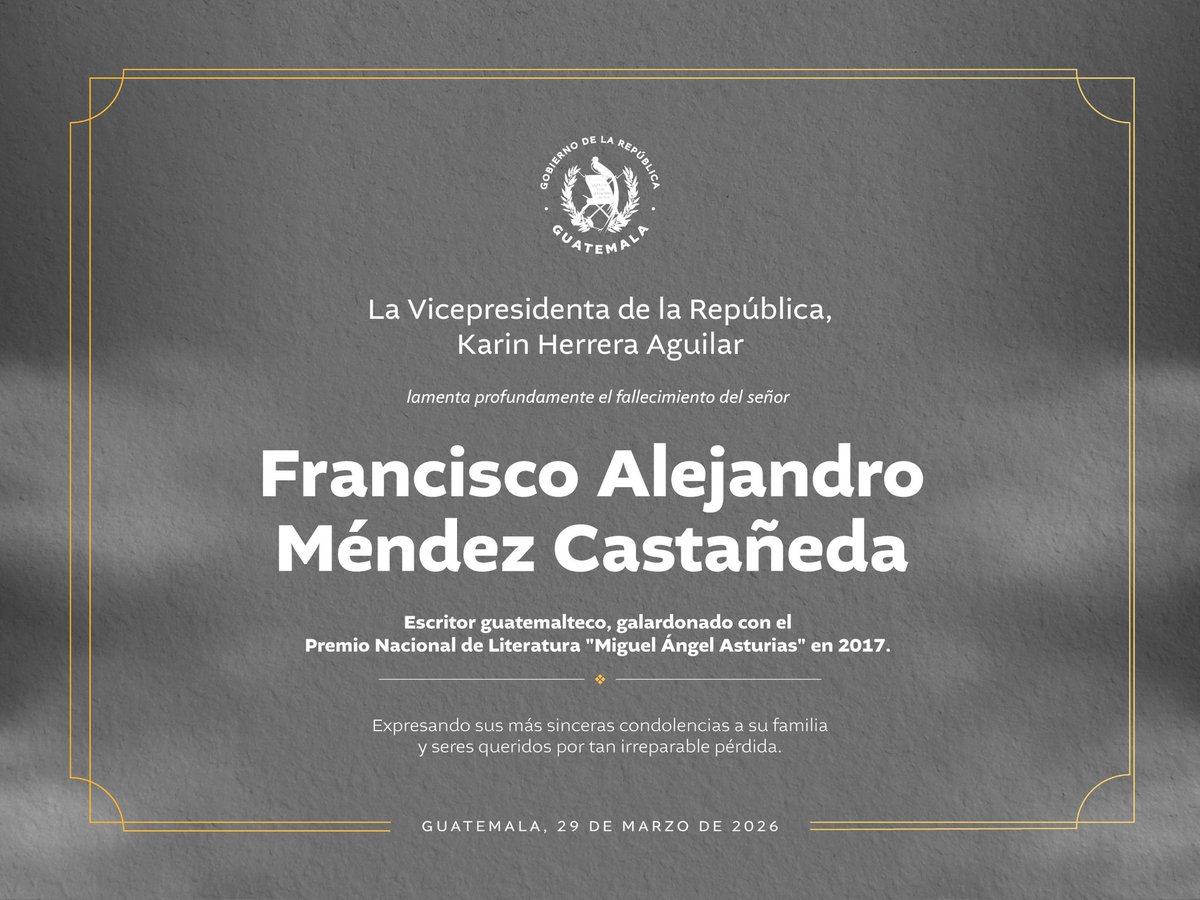 KarinHerreraVP's tweet photo. Lamentamos el sensible fallecimiento de Francisco Alejandro Méndez Castañeda, Premio Nacional de Literatura “Miguel Ángel Asturias” 2017.

Expresamos nuestras más sinceras condolencias a sus hijas Matilde y Valentina Méndez Franco, así como a toda su familia en este momento. Su palabra permanece como legado de reflexión, espíritu crítico, vocación docente y amor por la literatura.