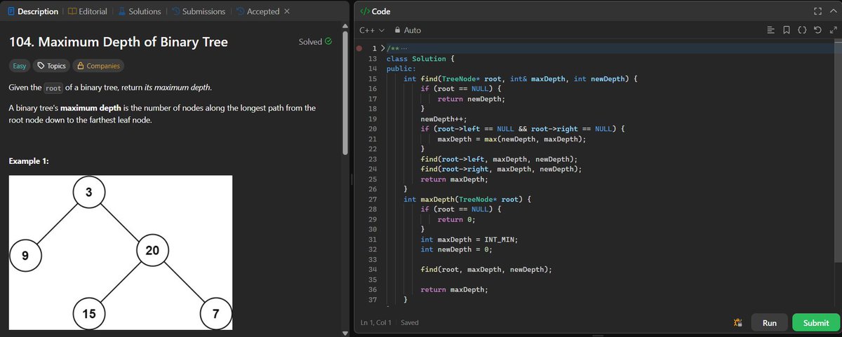 ANNISH_SEN's tweet photo. Daily DSA | Day 69 | LeetCode150
Solved: Maximum Depth of Binary Tree (LC 104)

Completed Linked List section and started Binary Tree section.

#LeetCode #LeetCode150 #DSA #CPP #Algorithms #CodingJourney #100DaysOfCode #ProblemSolving https://t.co/eNHzKi5yAS