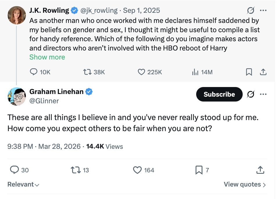 Has JK Rowling acknowledged Graham Linehan yet? tweet media