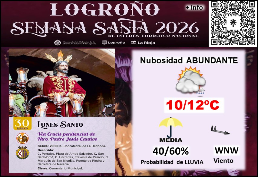 meteosojuela's tweet image. SEMANA SANTA LOGROÑO 2026✝️
LUNES SANTO
¿Que tiempo hará?
📅LUNES 30/03/2026
👉Vía Crucis penitencial de Ntro Padre Jesús Cautivo
⏰20:00h Concatedral de la Redonda
#SemanaSanta  #logroño #LaRioja #hermandadcofradiaslogrono  
Detalles👇👇👇
meteosojuela.es/el-tiempo-en-t…