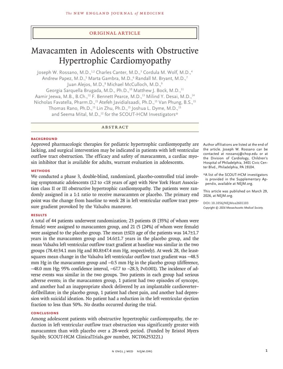 MasriAhmadMD's tweet photo. #ACC26 Mavacamten in adolescents with obstructive HCM. Results from SCOUT-HCM 
Overall consistent with what was seen in adults. Requiring higher doses of drug. Small sample size but reassuring safety that isnt expected to diverge much from what was observed in adult trials (potentially even safer due to shorter disease duration, less comorbidities, less restrictive disease)

https://t.co/psIlV32nWZ

#CardioTwitter