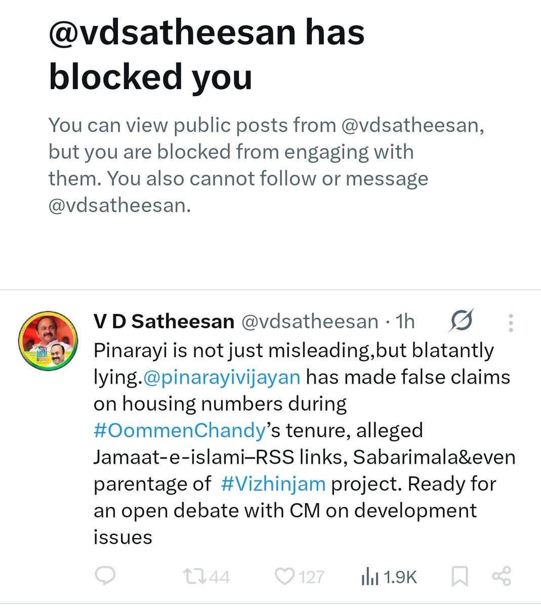 roteIndischer's tweet photo. The great @vdsatheesan who wants to debate the Chief Minister and claims Pinarayi Vijayan is lying, can't handle criticism from normal citizens and has them blocked!!!
Such a shameless LIAR, fit to be called #Nunesan.
#UDFexposed https://t.co/eO3yF8x8gG