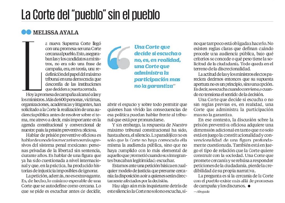 Una <a href="/SCJN/">Suprema Corte</a> que decide si escucha o no sin reglas previas administra la participación mas no la garantiza.

<a href="/melissaayala92/">Melissa AG</a> sobre la solicitud de audiencia pública de prisión preventiva oficiosa y cumplimiento de sentencias <a href="/CorteIDH/">Corte Interamericana de Derechos Humanos</a> vía <a href="/El_Universal_Mx/">El Universal</a>: eluniversal.com.mx/opinion/meliss…