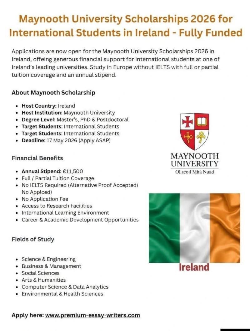 MrsScotty_M's tweet photo. Postulez pour les bourses d'étude de l'Université de Maynooth 2026 Bourse entièrement financée sans IELTS 🇮🇪 
Lieu : Irlande
Date limite : 17 mai (Postulez dès maintenant)
Allocation annuelle de 11 500 €
Programmes disponibles :
Master
Doctorat et post-doctorat
Aucun frais de dossier

https://t.co/H1noimvpko